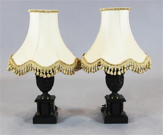 A pair of bronze urns modelled as table lamps, height 12.5in.